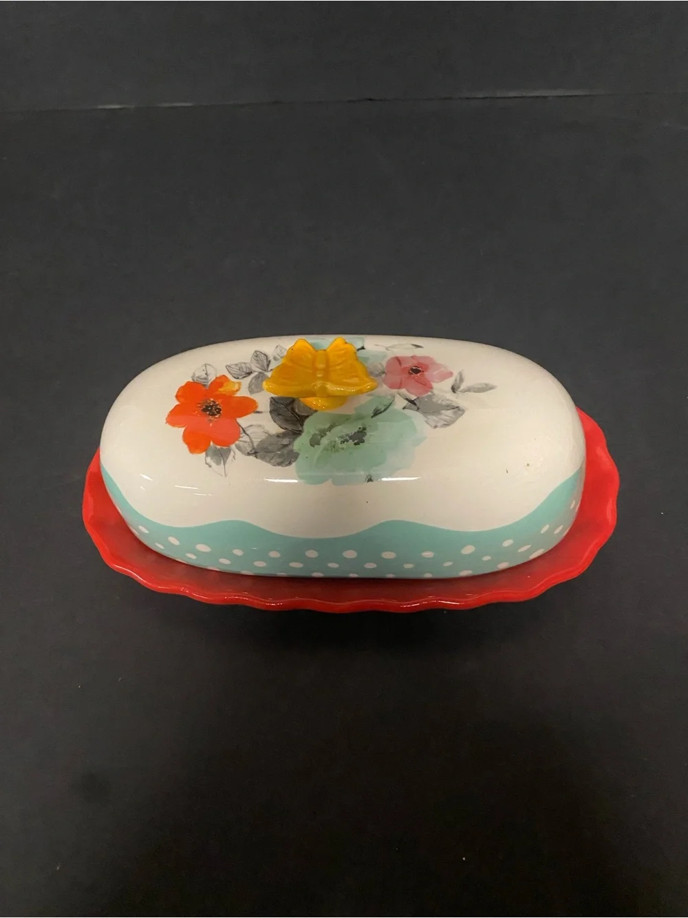Pioneer WomanCeramic Floral Butter Dish with Yellow Butterfly Handle, retired
